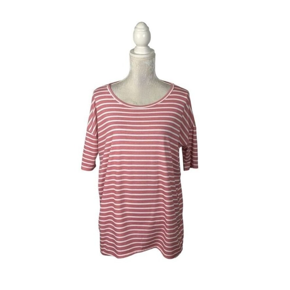 LuLaRoe Rose & White Striped Irma Tunic Top T-shirt Dropped Shoulder Layering S